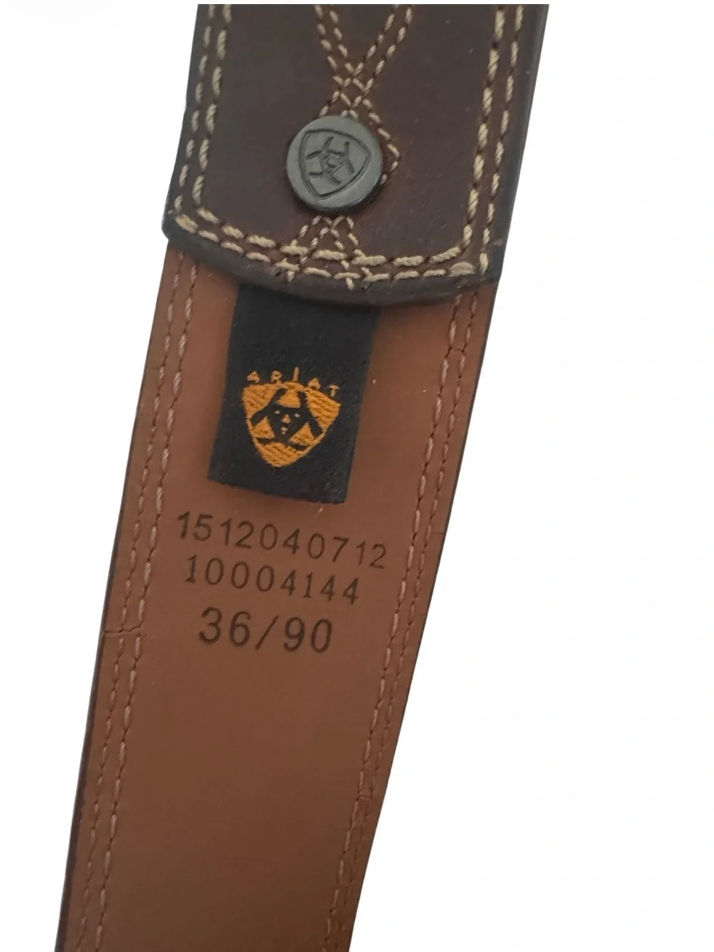 ARIAT Brown Leather Belt, dark Silver floral buckle, tan stitching Size 36